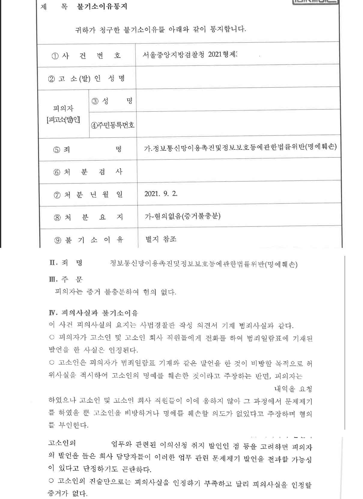 명예훼손 불기소처분 성공사례