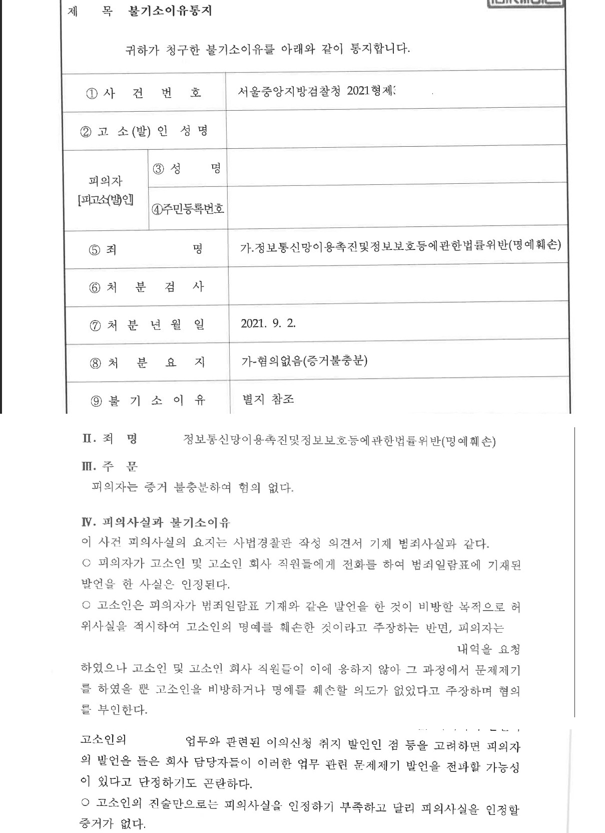 명예훼손 불기소처분 성공사례