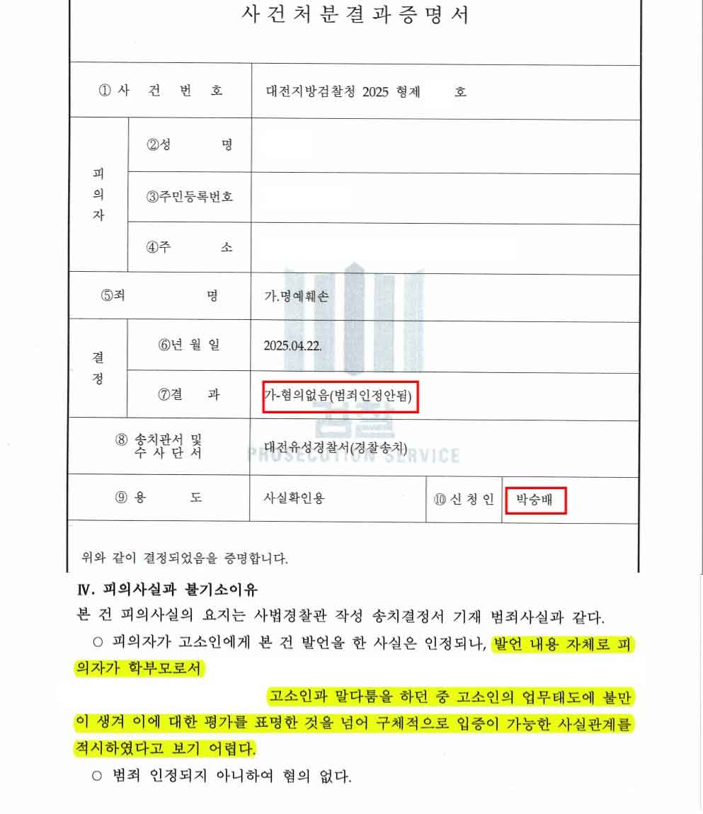 명예훼손죄 혐의없음 불기소사례